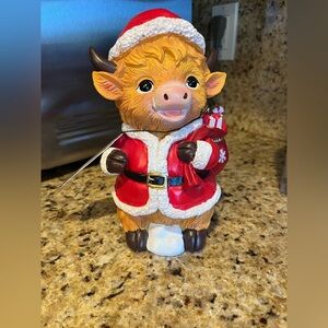 North Pole South Holiday Christmas Highland Cow Figurine in Red and White